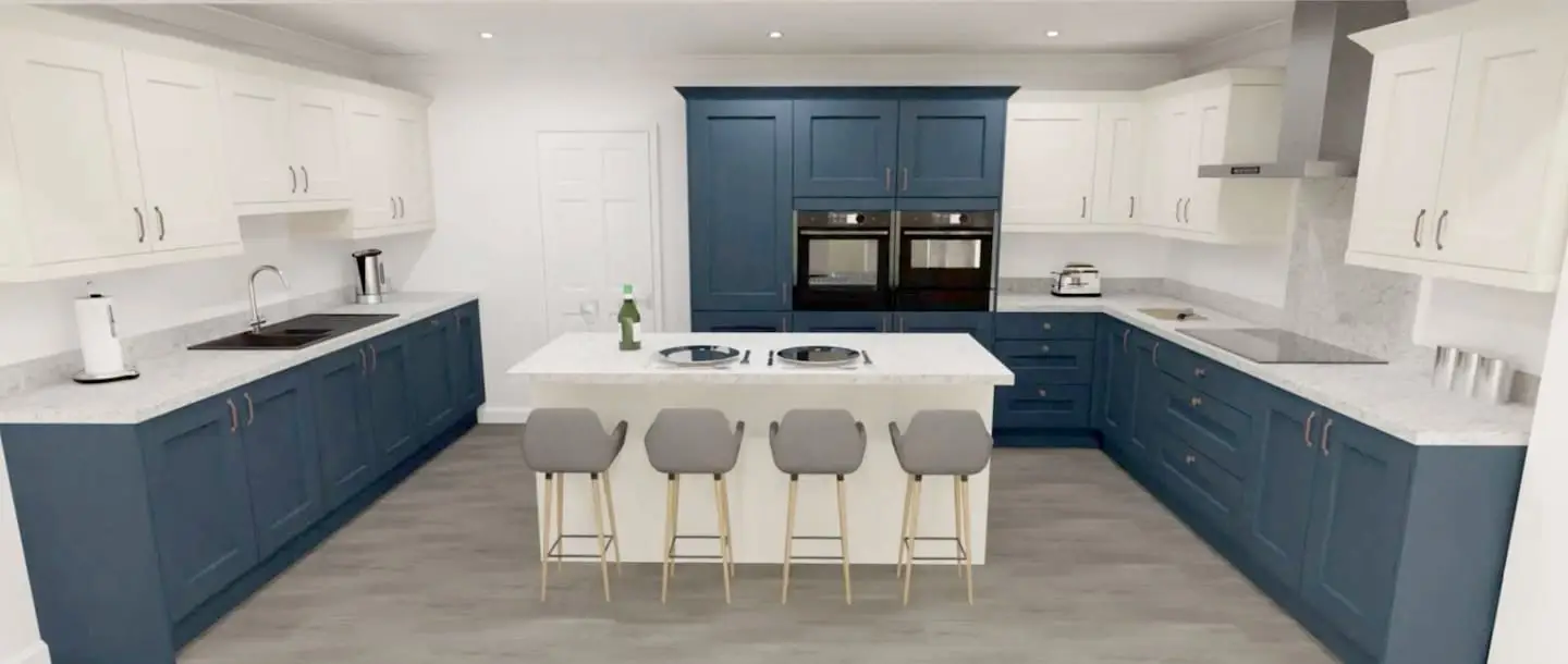 Beautiful Photo of a kitchen with white worktops and blue cupboard doors